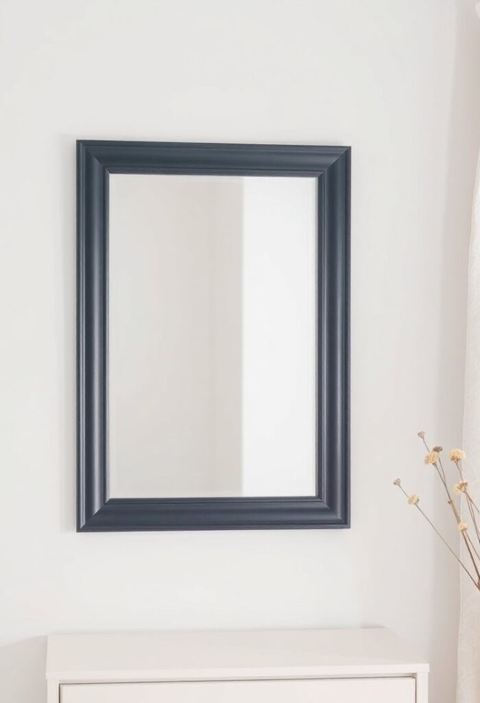 white wall featuring a navy blue mirror.