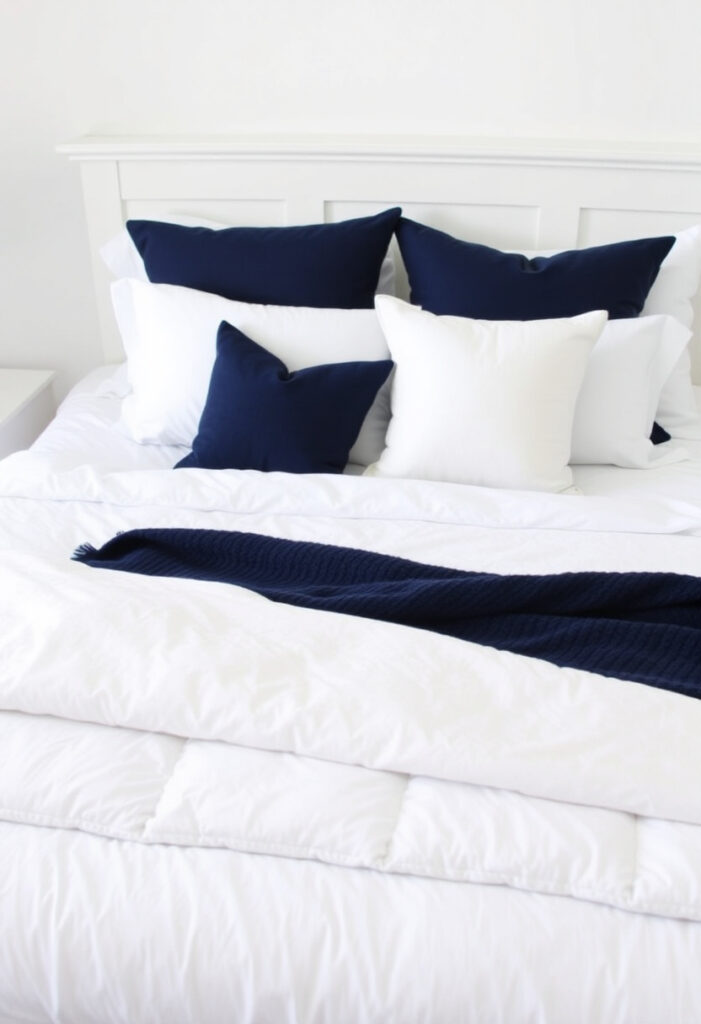 white bed with a navy knit throw and white and navy pillows