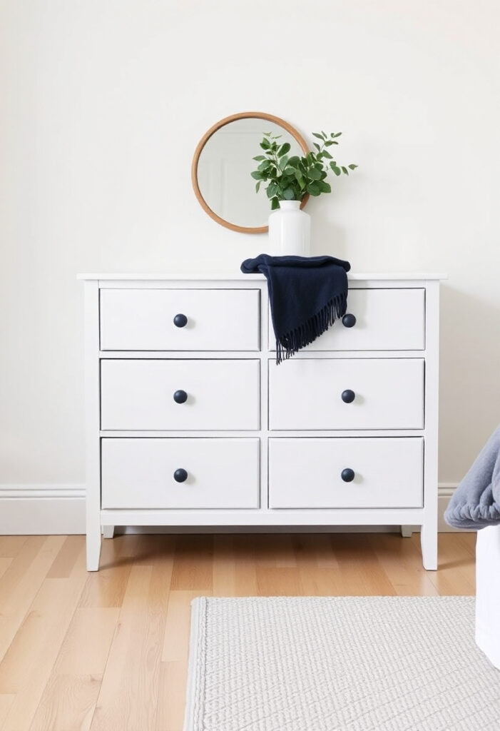A white six-drawer dresser with matte navy blue knobs
