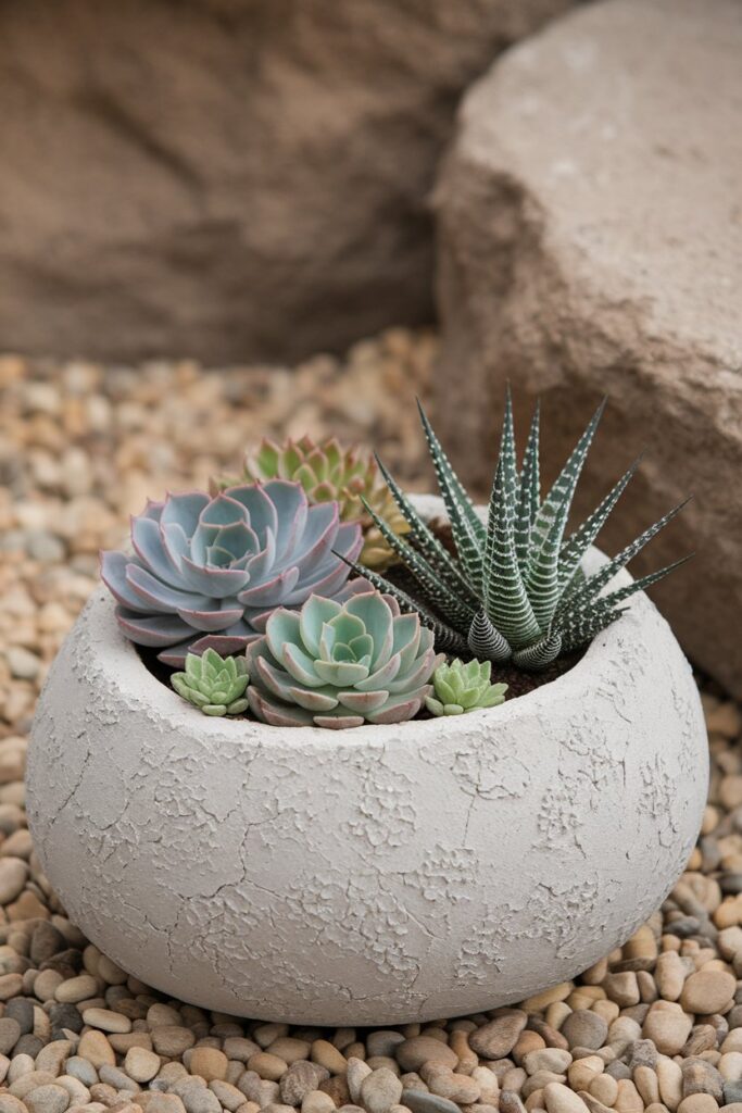 A handmade hypertufa planter contains an arrangement of succulents.