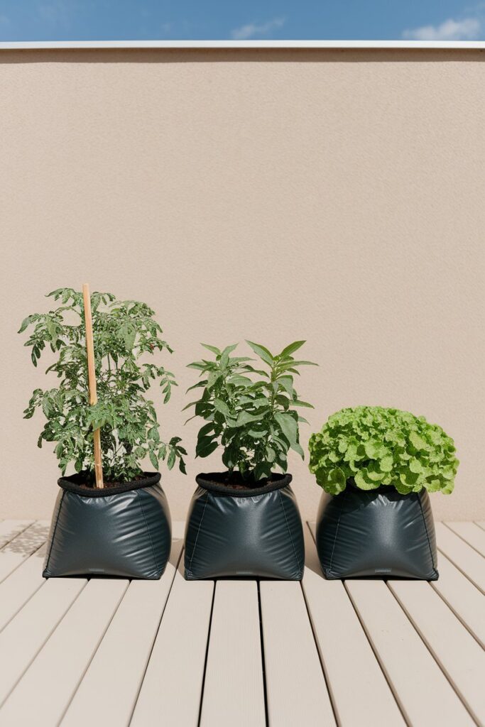 Three identical black fabric grow bags aligned in a row on a light wood deck. Each bag is filled with dark soil and growing one plant.
