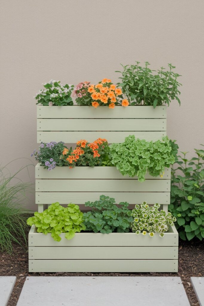A wooden tiered planter in three levels planted with colorful flowers and herbs.