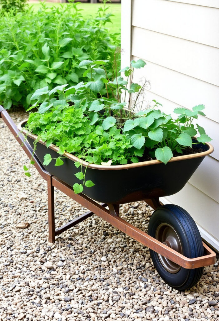 A refurbished wheelbarrow turned into a mobile planter.