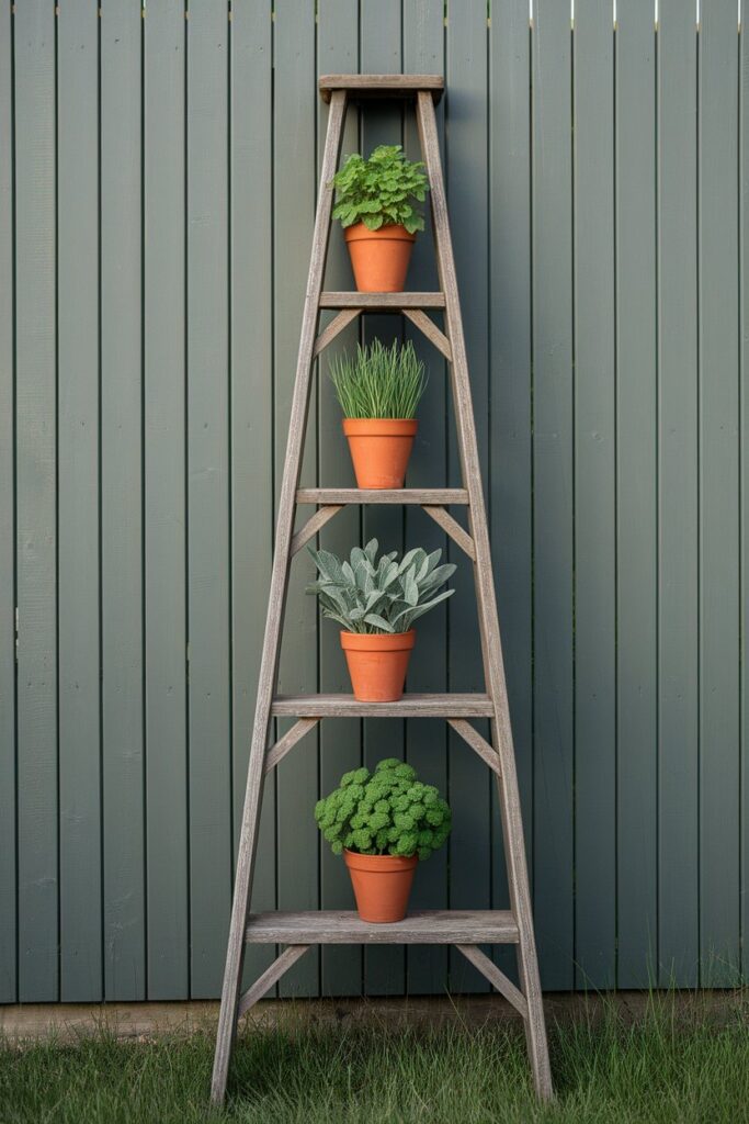 A tall, wooden ladder leaned against a vertical plank fence holds small terracotta pots, each with a different herb