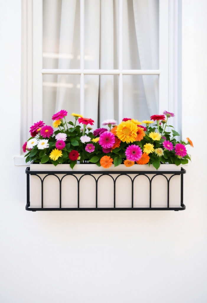 window box mounted below a white-framed window.