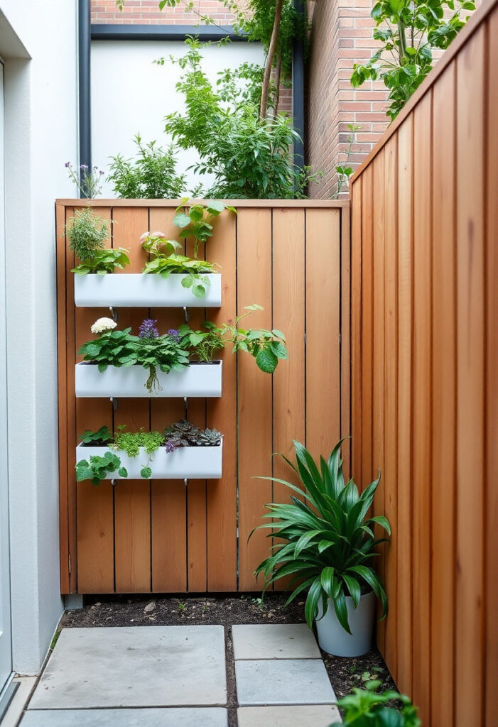 A narrow urban side yard with vertical wall planters filled with herbs and flowers, mounted on a wooden fence.