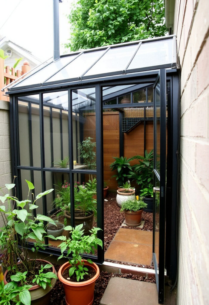Small lean-to greenhouse in a narrow side yard.
