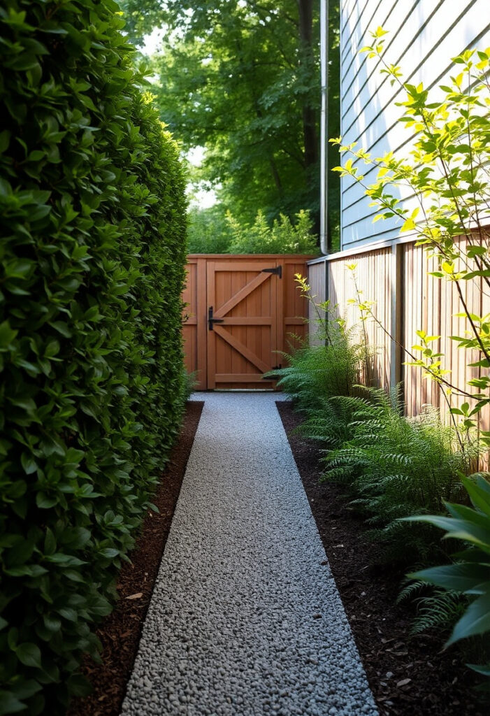 gravel pathway running through a narrow side yard, bordered by plants.