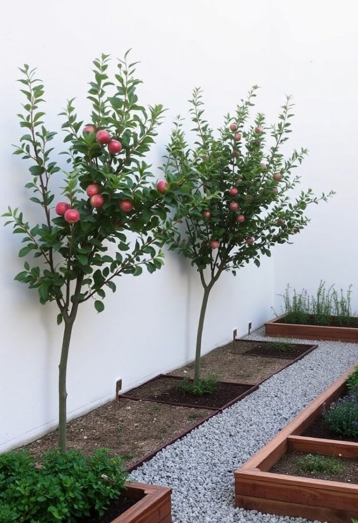 Side yard with espalier apple trees trained flat against a white wall.