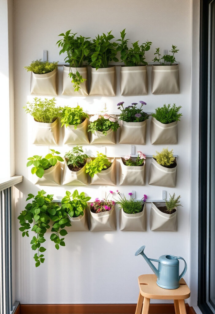 balcony wall with a grid of weather-resistant fabric pocket planters.