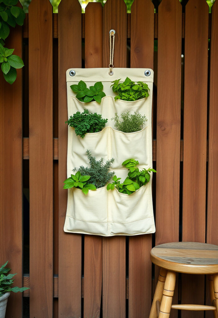 A beige shoe organizer hanging on a wooden fence.