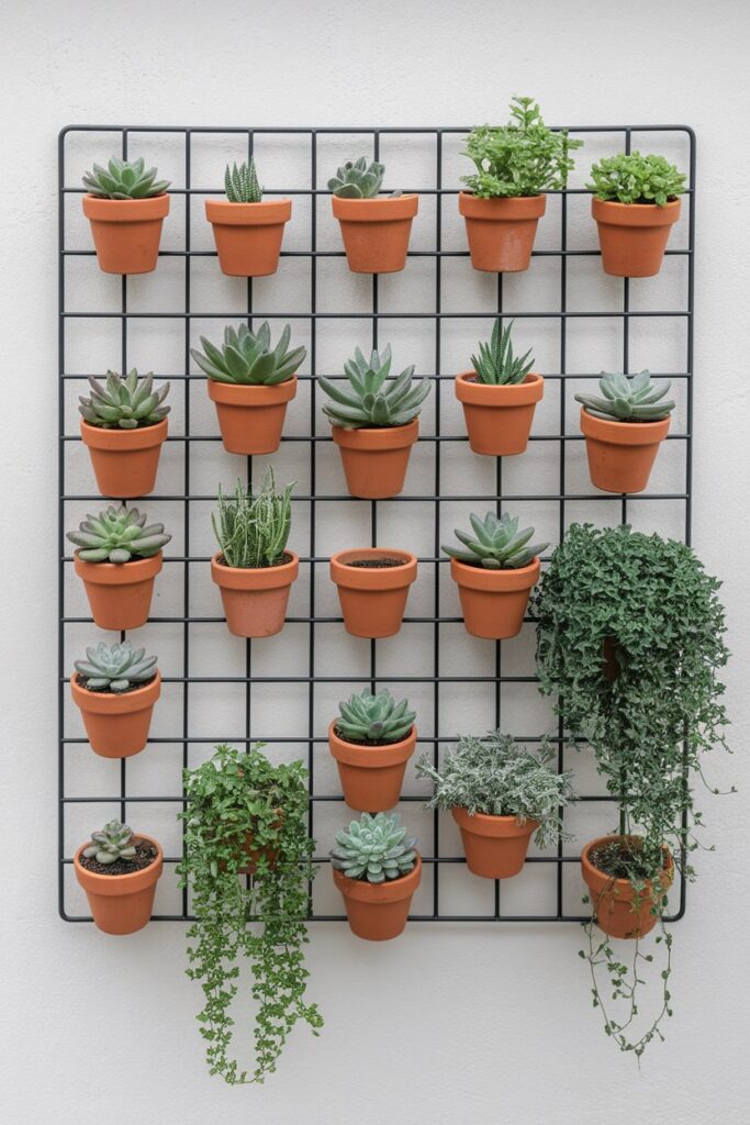 A matte black wire grid mounted on a white wall, with a variety of terracotta pots.