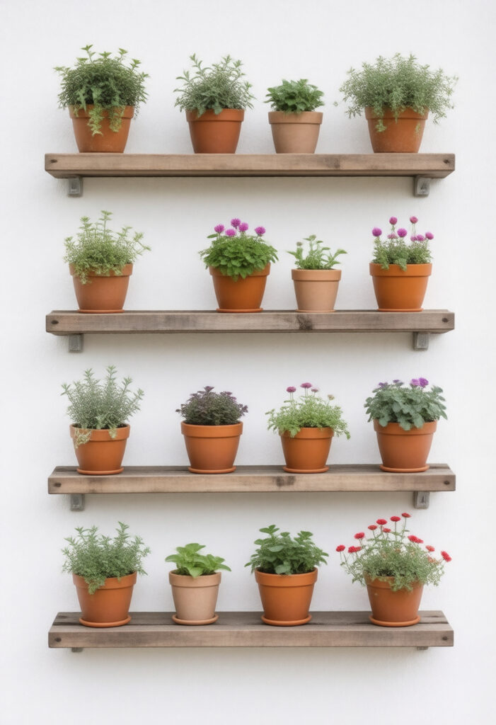 wooden shelves mounted on an outdoor wall, each holding a selection of clay pots with herbs and flowering plants.