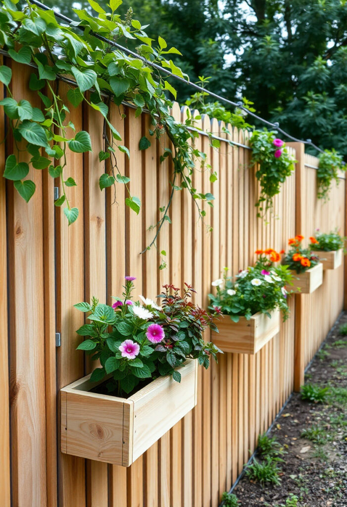wooden fence lined with mounted planter boxes.