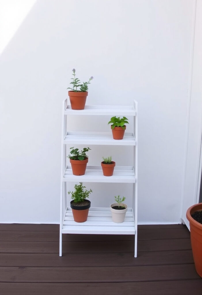 A simple tiered plant stand with four shelves.