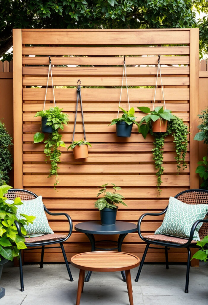 A freestanding plant-covered privacy screen made from slatted wood, holding hanging pots.