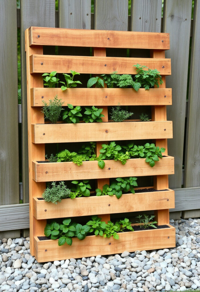 A rustic wooden pallet leaned vertically against a garden fence, with slats turned into planting rows.