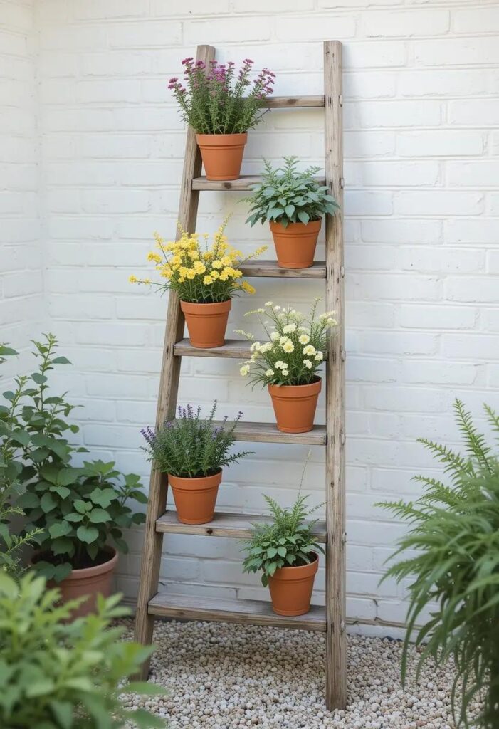 A wooden ladder, styled as a vertical plant stand with terracotta pots.