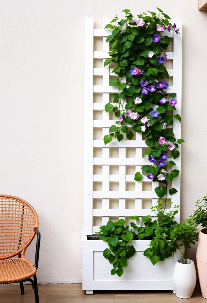 white trellis installed against a patio wall.