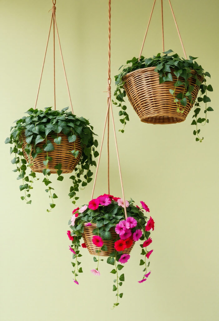 A vertical arrangement of three woven hanging basket.