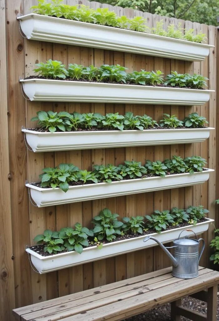 Repurposed rain gutters mounted horizontally in staggered rows on a wooden fence.