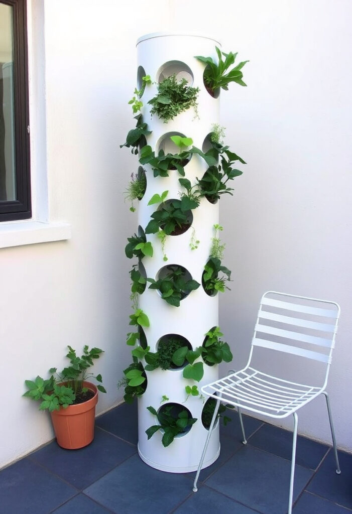 white commercial vertical tower garden on a small patio.