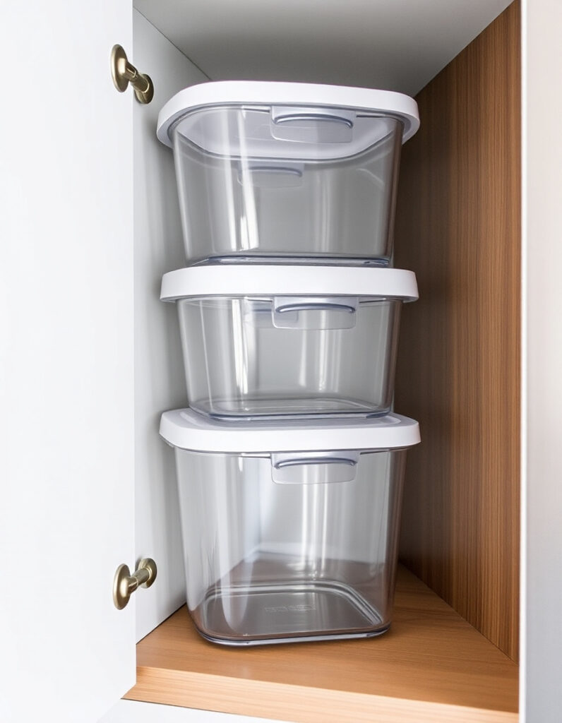 Clear stackable storage containers, organized inside a kitchen cabinet.