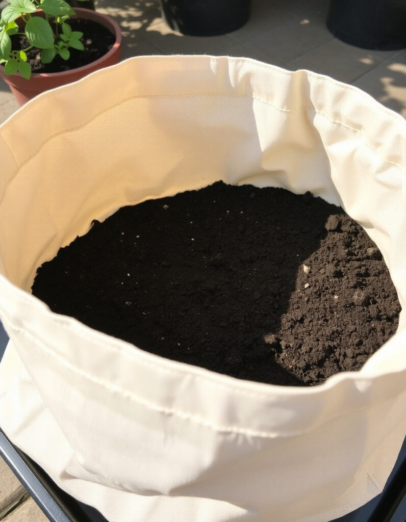 A fabric grocery bag filled with soil, placed on a tray outdoors.