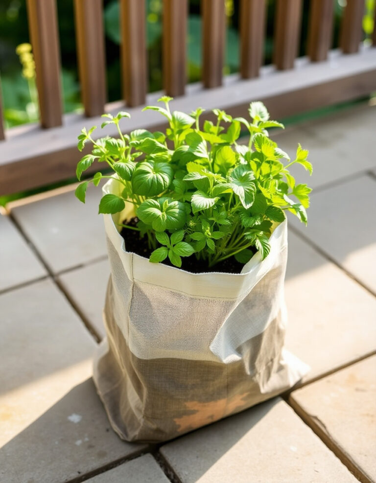 A fabric grocery bag planter.