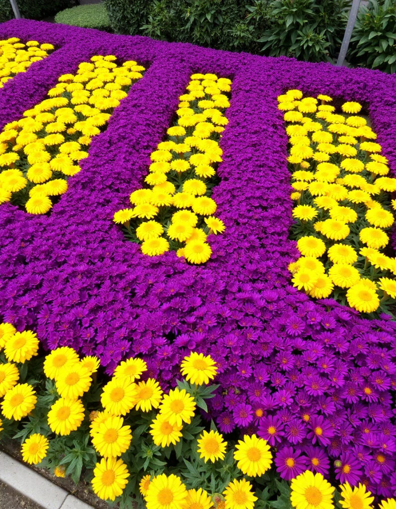 A high-contrast garden with alternating blocks of yellow marigolds and purple verbena.