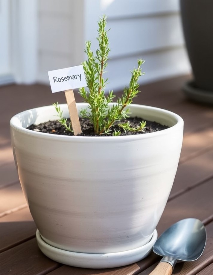 A single rosemary plant growing in a large ceramic pot.