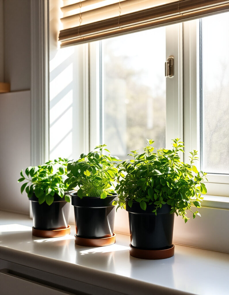 Herb pots neatly lined near a kitchen window.