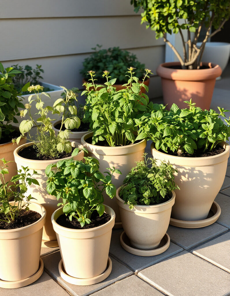 light-colored herb pots nested inside containers on a sun-drenched patio.