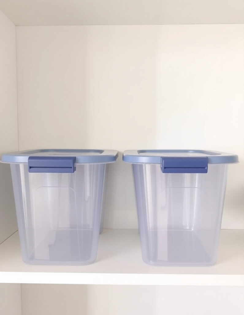 Clear plastic storage bins with lids arranged on a white laundry room shelf.