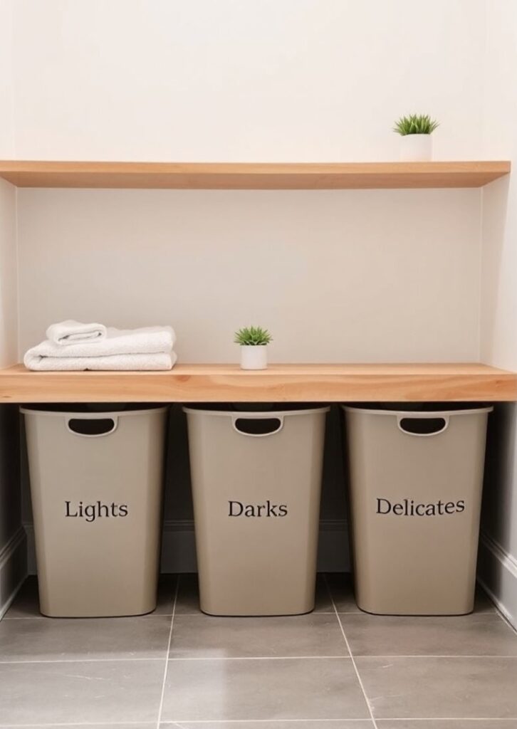 laundry setup with three labeled baskets for Lights, Darks, and Delicates.
