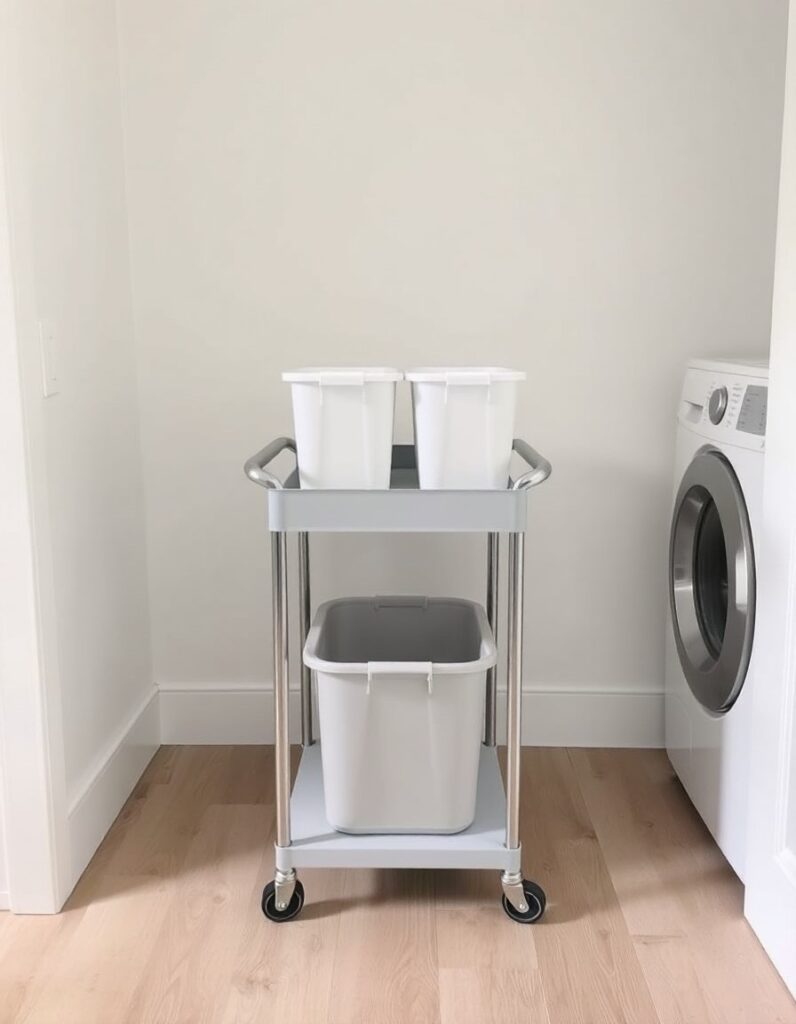 A slim rolling cart beside a washer, with two plain containers on its shelf.