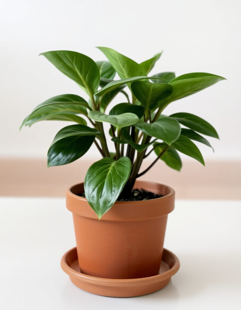 A terracotta potted plant sitting on a saucer.