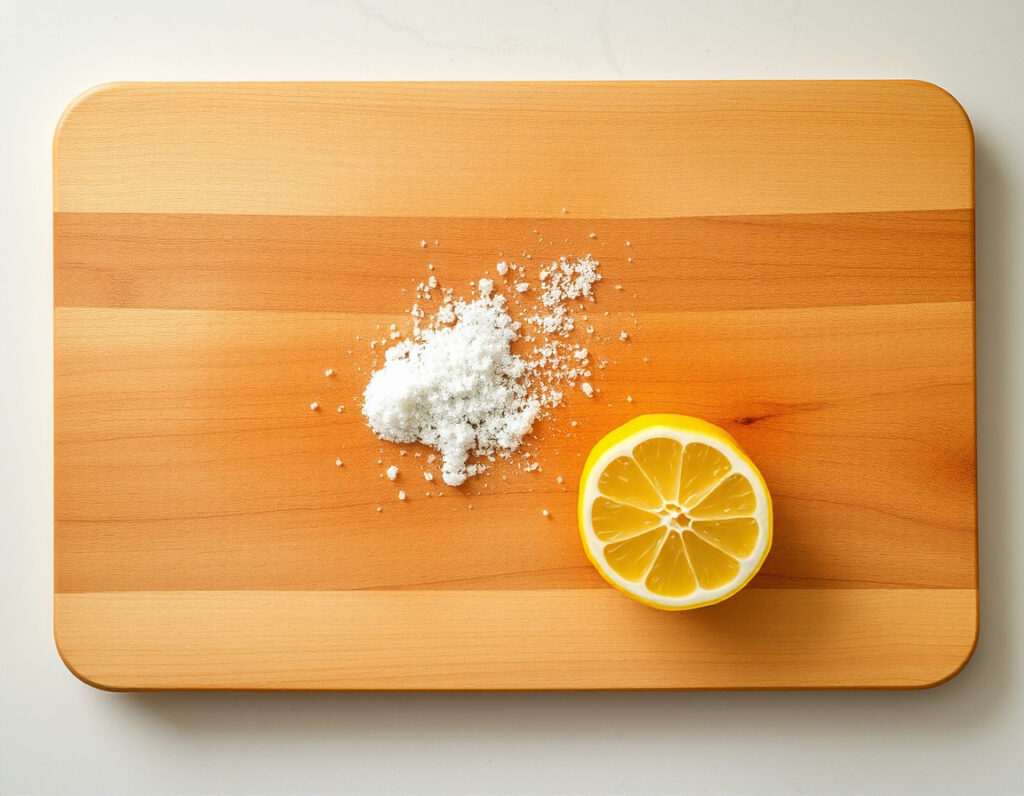 Clean wooden cutting board on a countertop with coarse sea salt scattered across the surface and a halved lemon.