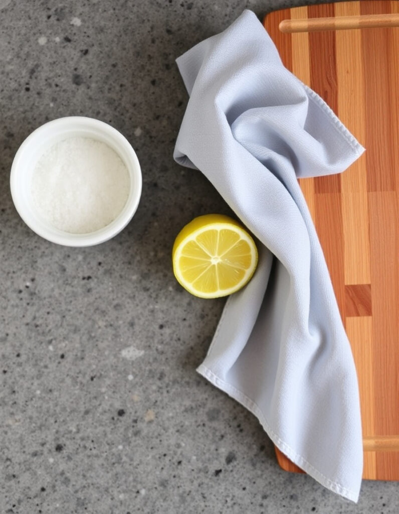 kitchen counter showing natural cleaning materials: a wooden cutting board, a halved lemon, a small bowl of coarse salt, and a clean cloth.