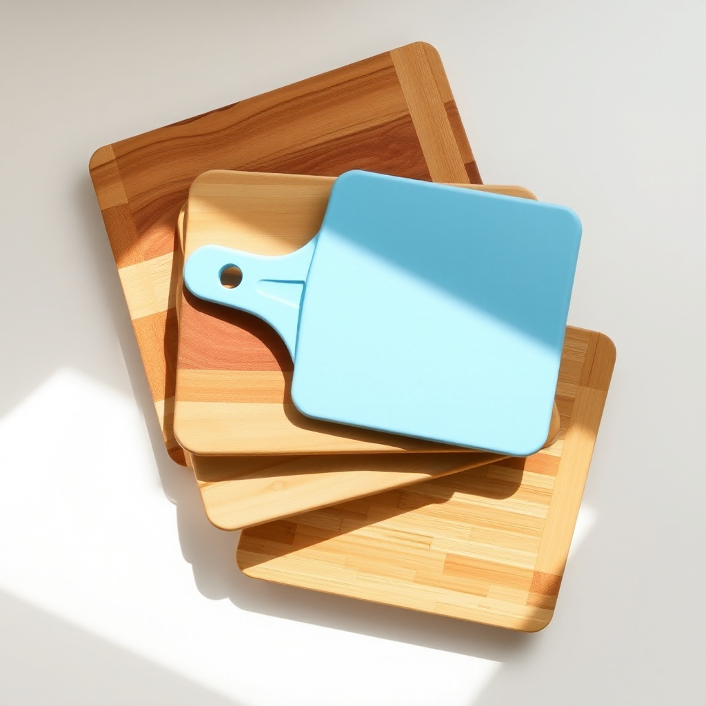 Stack of clean cutting boards neatly arranged on a light kitchen countertop with natural lighting.
