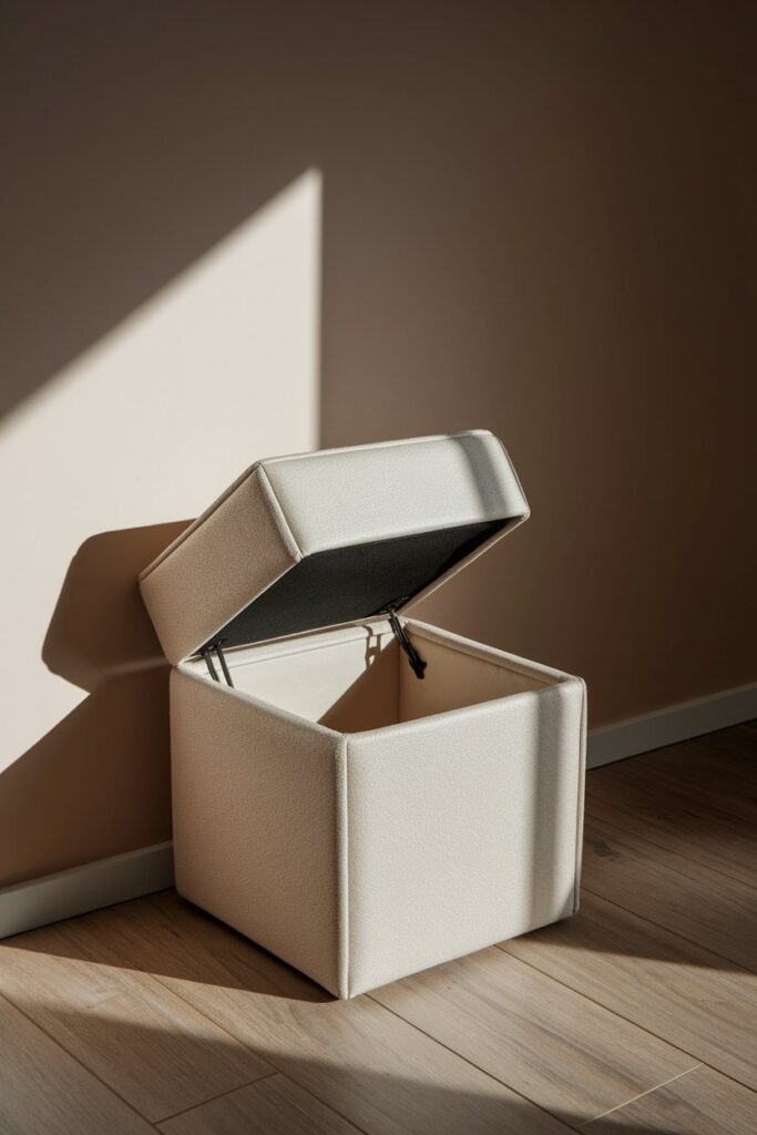 A beige ottoman with the lid lifted.