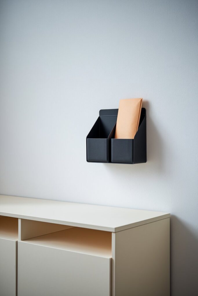A black wall-mounted organizer with two compartments and one envelope inside.