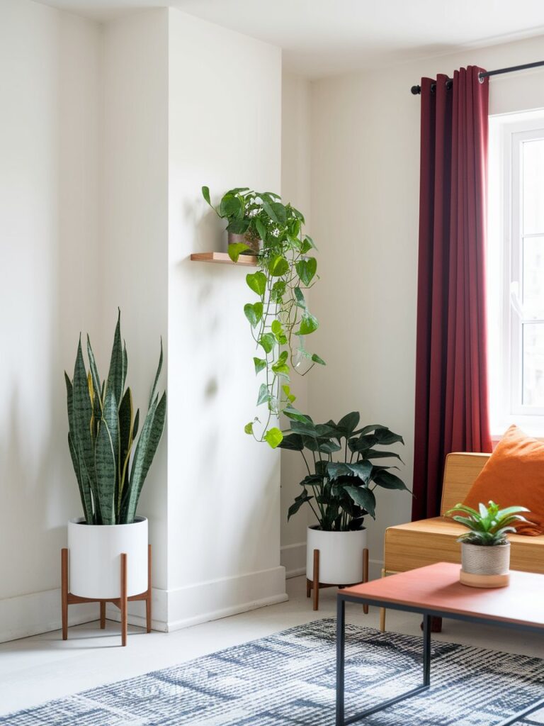living room with a tall snake plant in the corner, a plant on a floating wall shelf, and a small potted plant on a coffee table.