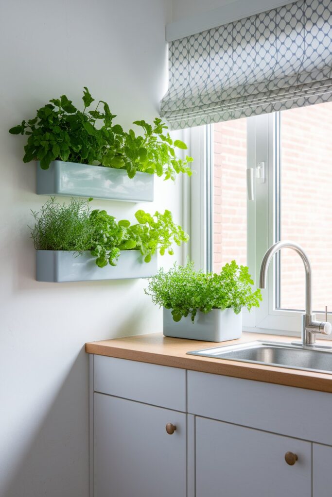 itchen featuring wall-mounted herb planters and a small countertop herb garden placed near the window.