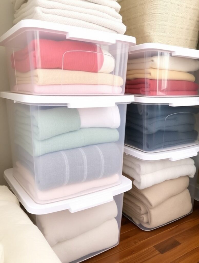 clear stackable plastic storage bins contains seasonal clothing.