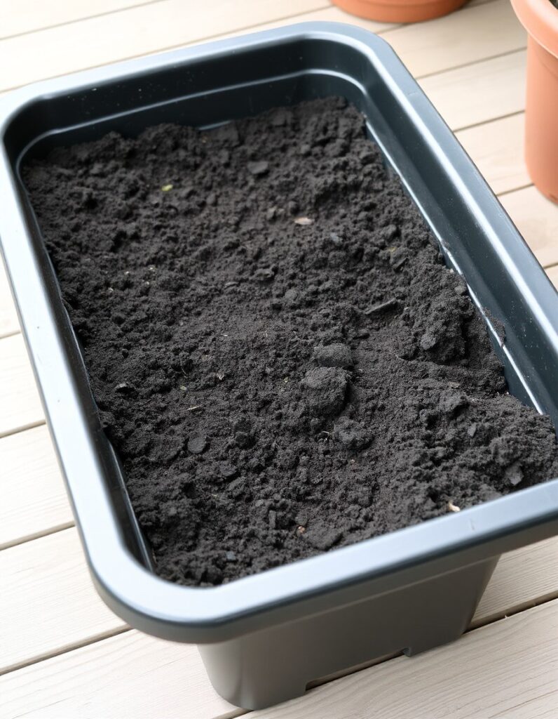 deep plastic planter filled with moist, potting soil.