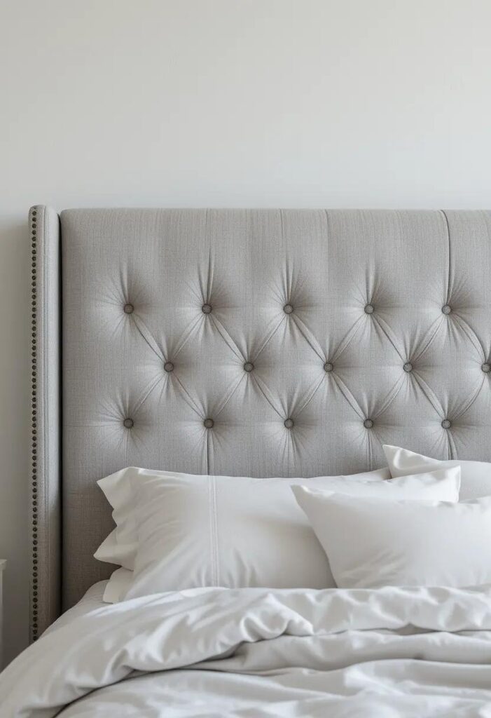 Tufted fabric headboard in light gray against a neutral bedroom.