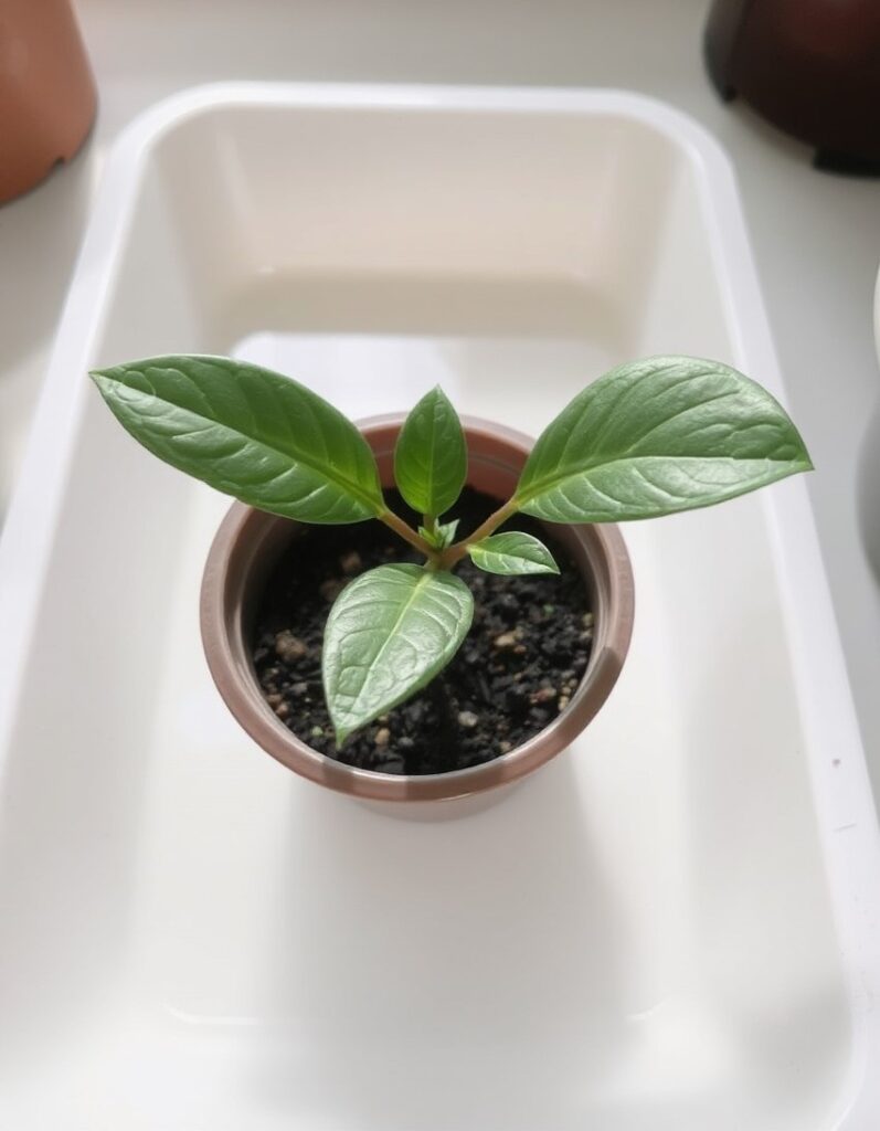 A houseplant in a plastic pot.