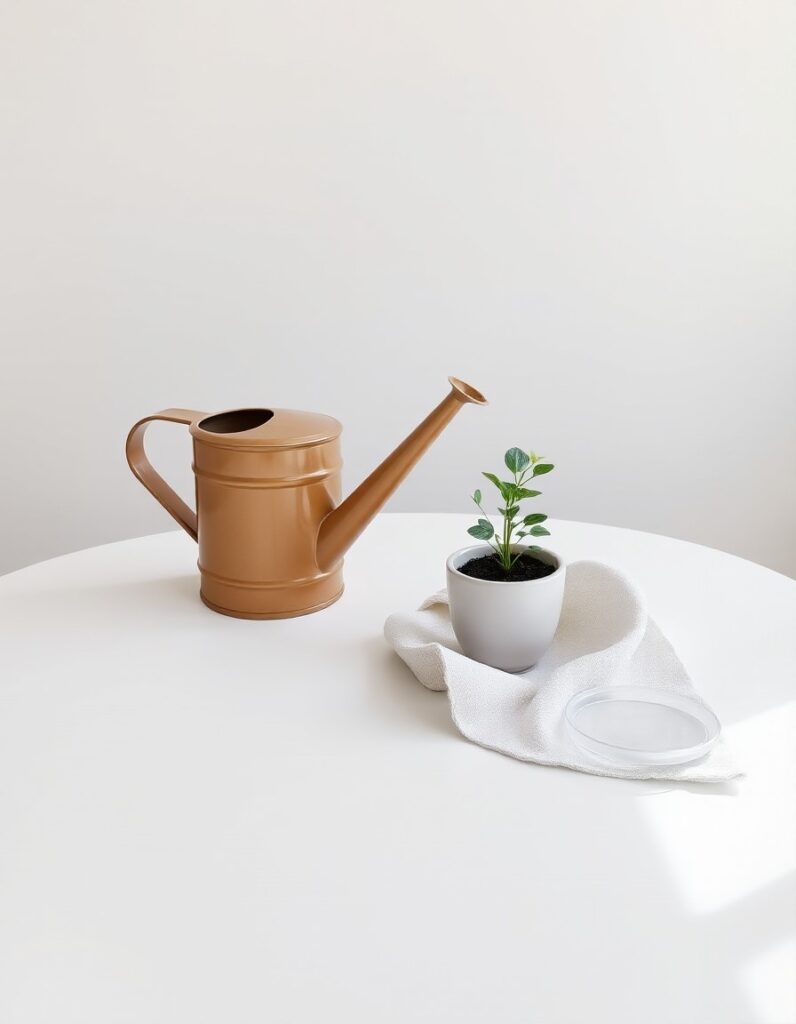 indoor plant watering tools including a long-spout watering can, small potted plant, microfiber towel, and saucer