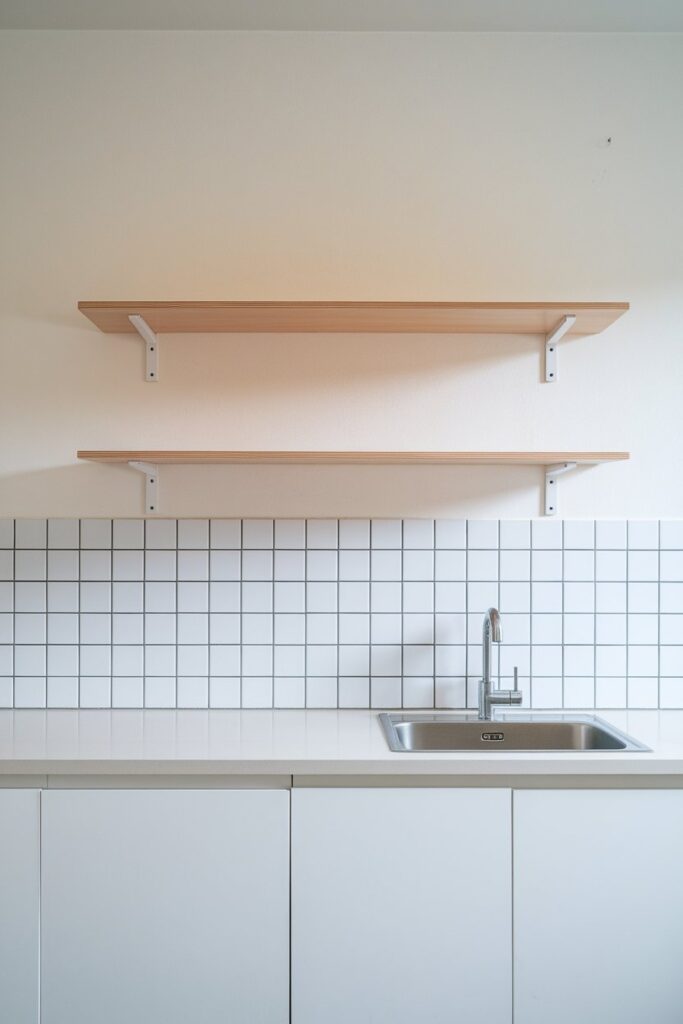 kitchen wall with two light-colored wood shelves mounted above a sink.